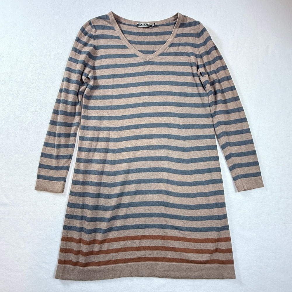 Peruvian Connection Sweater Dress Womens Large Tan Blue Striped Cotton Coastal